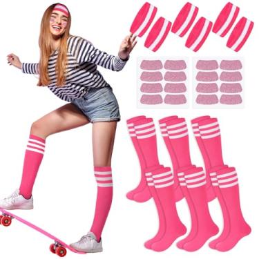 Imagem de Shyyween 18 peças de acessórios rosa de espírito de equipe escolar dia do espírito de equipe, 6 meias esportivas, 6 tiaras esportivas 6 adesivos com glitter para eventos de softball, futebol, vôlei