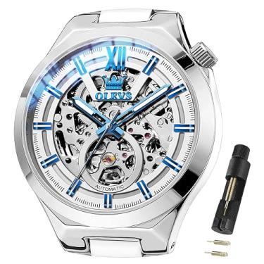 Imagem de OLEVS Relógios de pulso masculinos automáticos esqueleto com corda automática, designer mecânico, luxuoso, aço inoxidável, impermeável, original, relógios de pulso para homens, 6722: pulseira prata e