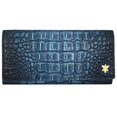 Imagem de Anuschka Bolsa feminina de couro genuíno original pintada à mão com três dobras RFID, Safira em relevo crocodilo, One Size