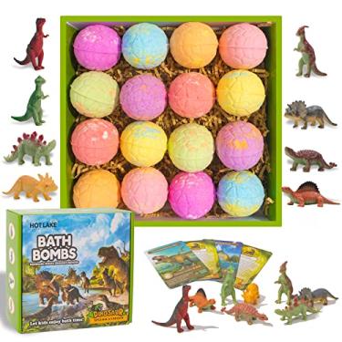 Imagem de HOTLAKE Conjunto de bombas de banho de dinossauro, pacote com 16 bombas de banho orgânicas para crianças com brinquedos surpresa dentro. Kit de bombas de banho de ovo de dinossauro natural para