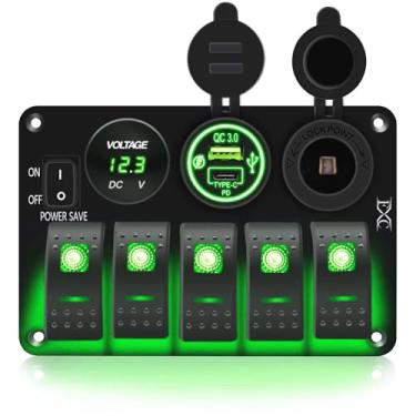 Imagem de FXC Painel de interruptor basculante à prova d'água verde com soquete QC3.0 USB e tipo C + isqueiro + voltímetro LED com economia de energia para carro, trailer, caminhonete marítimo