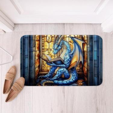 Imagem de Tapetes de banho infantis com dragão ocidental, leitura de livros de dragão azul, tapetes para meninos e meninas, tapetes de banho abstratos geométricos, tapetes de banho chiques, tapetes absorventes