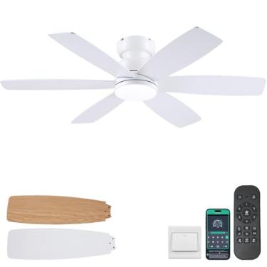 Imagem de Kviflon Ventiladores de teto de 117 cm com luzes e controle remoto/aplicativo, ventilador de teto de baixo perfil com luz, montagem embutida, 3 CCT, 6 lâminas reversíveis, ventilador de teto moderno