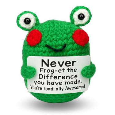 Imagem de PICKLE BUDDIES Boneca de crochê com suporte emocional de sapo positivo, feito à mão, animais de crochê, decoração de mesa, suporte emocional, presente de pelúcia para alívio da ansiedade e do estresse