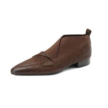 Imagem de TinaCus Mocassim feminino feito à mão de couro legítimo elástico bico fino sem cadarço para escritório, Marrom, 36