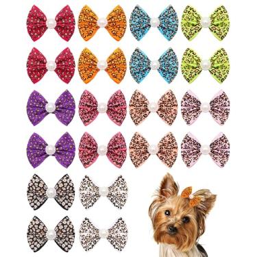 Imagem de PET SHOW Pacote com 20 laços de cabelo de leopardo para cães com clipes jacaré para cães pequenos, médios, guepardo, laço, gato, filhote, Yorkshire, strass, acessórios de cabelo para festa de