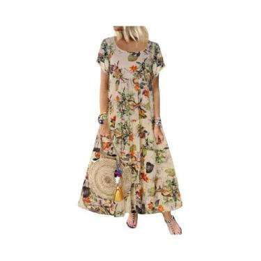 Imagem de Vestido Maxi Boho Floral - Manga Curta, Algodão e Linho, Tamanho Grand