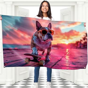 Imagem de Bandeira de cachorro de skate - Bandeira grande engraçada - Poliéster 110D - Costura dupla - 4 ilhós de latão, grande 90 x 150 cm (5 x 3 pés)