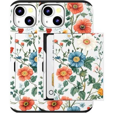 Imagem de MUQR Capa compatível com iPhone 15 com porta-cartão fofo - Design Kawaii, proteção contra quedas de nível militar, capa carteira robusta para mulheres (pintura branca flor botânica)