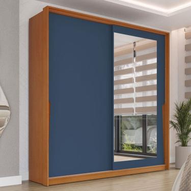 Imagem de Guarda-Roupa Casal Porto 2 Portas 2 Gavetas com Espelho Freijó/Azul - Politorno