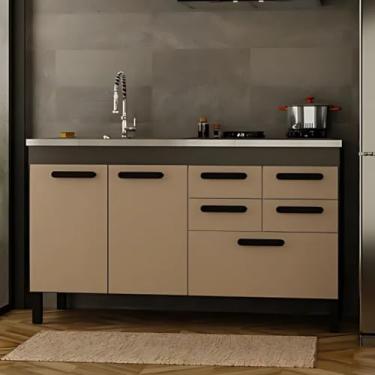 Imagem de Gabinete de Cozinha 5 Gavetas e 2 Portas Balcão Pia 100% Mdf (Grafite/Off White)