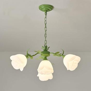 Imagem de Lustre de 9 luzes com flores, lustre floral verde com rosas para sala de jantar, lustre grande para meninas, quarto, luminária pendente de teto nórdica moderna, luminária suspensa para hall