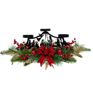 Imagem de Svndlyn Suporte de vela de Natal, decorações de Natal, 3 castiçais com presépio de metal, silhueta preta, ramos de cedro, agulhas de pinheiro, bagas, laço vermelho e enfeites de bola para decorações