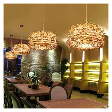 Imagem de Lustre de vime feito à mão B, luminária de teto LED, design do sudeste asiático, luminária de madeira tipo ninho de pássaro com abajur de chapéu de palha (diâm. 60 cm)
