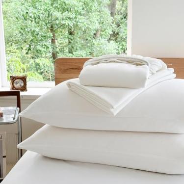 Imagem de NSNLGSGC Jogo de lençol casal 100% linho francês, respirável, refrescante e durável, roupa de cama de linho natural lavado macio com bolso profundo de 40,6 cm, uso em todas as estações (casal, branco)