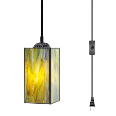 Imagem de L-Juicwe Luminária pendente Tiffany pequena lâmpada suspensa de vitral plugue ajustável de 10 cm para sala de jantar, quarto, corredor (amarelo verde)