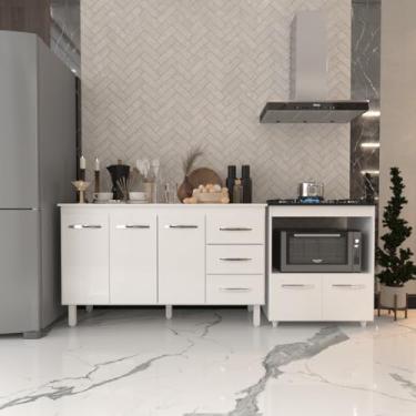 Imagem de Mobília Decor, Gabinete Armário Carine 138 cm com Tampo Tampão e Balcão Evelyn Para cooktop 5 Bocas Branco