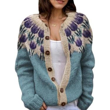 Imagem de Suéter de malha feminino Akivide com estampa floral de outono