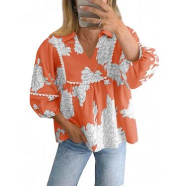 Imagem de Blusa feminina Tankaneo Floral Peplum Babydoll com decote em V laranja