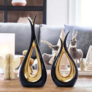 Imagem de 2 peças de vaso dourado preto para decoração de casa, conjunto de 2 vasos de cerâmica para centros de mesa, vasos de flores de pampas para mesa de café, prateleira de sala de estar, estante de livros,