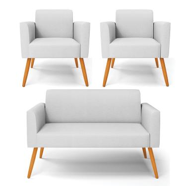 Imagem de Sofá Namoradeira com 2 Poltronas Pés Palito Castanho Marisa Linho Cinza A05 D03 - D'Rossi