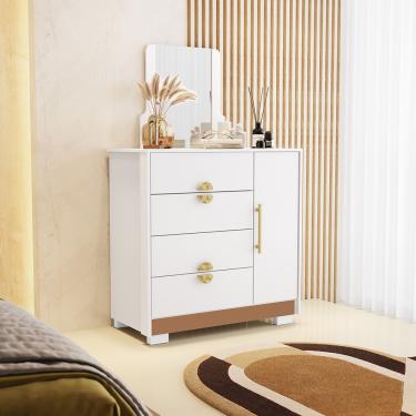 Imagem de Cômoda Quarto 95cm com Espelho 1 Porta Kenia Flex Branco/Camarim V01 - D'Rossi