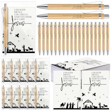 Imagem de Eaasty 20 conjuntos de 20 conjuntos de canetas de Natal, Jesus te ama, presentes, presépio, bíblia, canetas de bambu cristãs, bloco de notas de oração inspiradora, presentes religiosos para igreja,