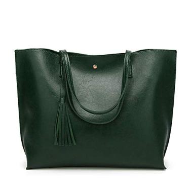 Imagem de Bigfanshu Bolsa feminina de couro macio bolsa de ombro Shopper Sacola Balde Moda, Verde, 30X36CM