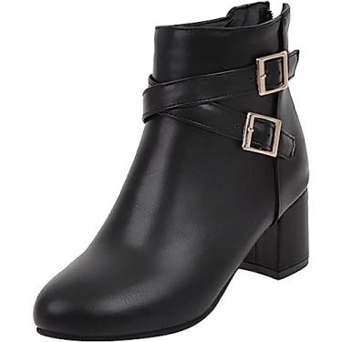 Imagem de Botas femininas de cano curto fivela Deco cadarços na parte de trás zíper cano médio botas de salto fechado salto bloco botas botas de couro sintético moda sapatos, Preto, 37 BR