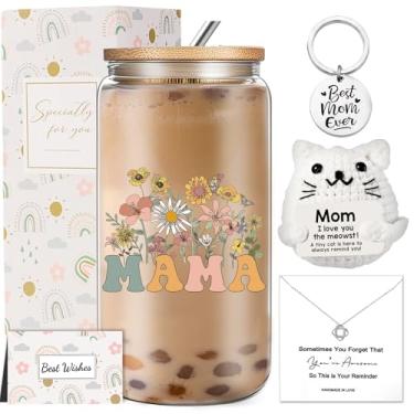 Imagem de fcaylo Presentes Best Mom Ever para mulheres, presentes de aniversário de mamãe de filhas, presente de mãe nova com colar, copo de vidro de gelo, boneca para o Natal, Dia das Mães