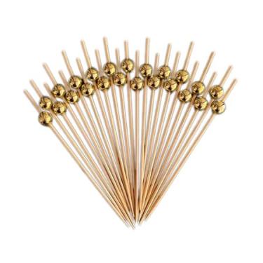 Imagem de Kit 100 Palitos de Bambu para Petiscos 12cm com Ponteira Decorada Ecológicos, Resistentes e Reutilizáveis | APOLLO’S STORE (Dourado)