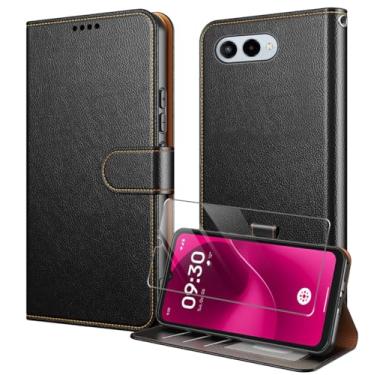 Imagem de Capa T-Mobile Revvl 8 TMRV085G com protetor de tela de vidro temperado PU Leather Folio Flip [bloqueio RFID] [Suporte] [Porta-cartões] Capa magnética TPU à prova de choque - Preto