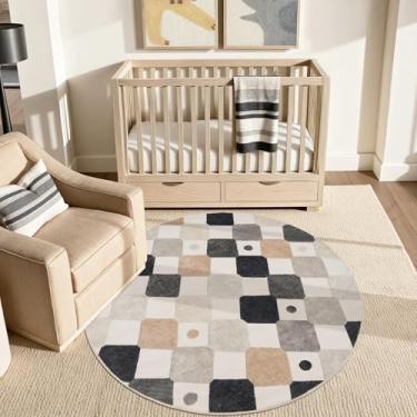 Imagem de jinchan Tapete redondo infantil lavável de 1,2 m, colorido, treliça, cobertura, antiderrapante, macio, moderno, sala de estar, diamante, tapete para berçário, quarto, sala de jogos, mármore em creme