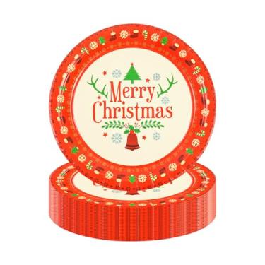 Imagem de EVYIENEN Pacote com 50 pratos de papel de Natal – Pratos de jantar descartáveis de papel de sobremesa de Natal de 18 cm para utensílios de jantar para festas de Natal, festas de fim de ano