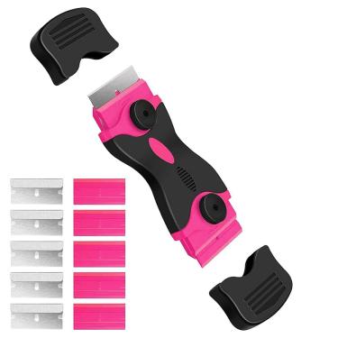 Imagem de Raspador de lâmina de barbear, ferramenta de raspagem de dois gumes com 10 lâminas de barbear, raspador de tinta para vidro, decalques, tinta, adesivos, etiquetas, calafetagem, adesivo (rosa)