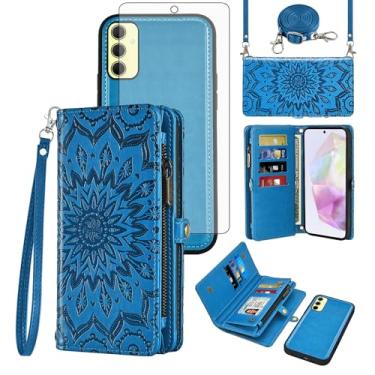 Imagem de Asuwish Capa de celular para Samsung Galaxy A35 5G carteira com zíper destacável com protetor de tela de vidro temperado alça transversal cordão mandala flor flip porta-cartão A 35 35A A355G feminino
