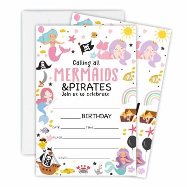 Imagem de 15 peças de convite de aniversário de sereias e piratas com 15 envelopes brancos combinando para menina, lembrancinhas de festa de aniversário suprimentos de decorações - OL-A33