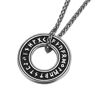 Imagem de Colar unissex nórdico viking de aço inoxidável, design exclusivo de círculos vazados, pingente de runas, joia de amuleto para homens e mulheres - prata/ouro prateado, 24inches, Aço inoxidável, Sem