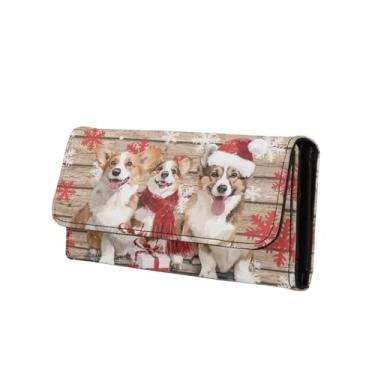 Imagem de Jolamirel Carteiras femininas finas de couro macio com três dobras com compartimentos para cartões, porta-cartões floral, organizador de telefone, bolsa de moedas com zíper, Xmas Corgi Dogs