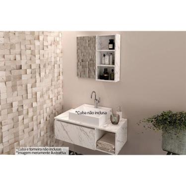 Imagem de Conjunto De Banheiro Balcão Suspenso Bn3601 S- Cuba 80cm E Armário C- Espelho Bn3610 Mármore Branco - Tecno Mobili