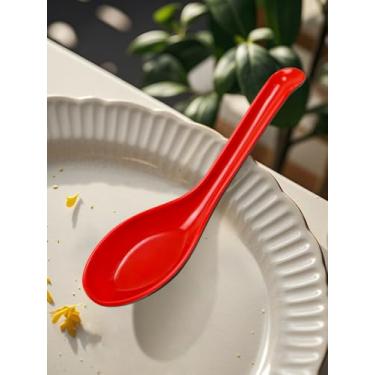 Imagem de Colheres de sopa estilo japonês - Colheres de macarrão asiático com alça curvada e gancho, utensílios de ramen de cozinha resistentes ao calor para panelas quentes e tigelas de macarrão V vermelho