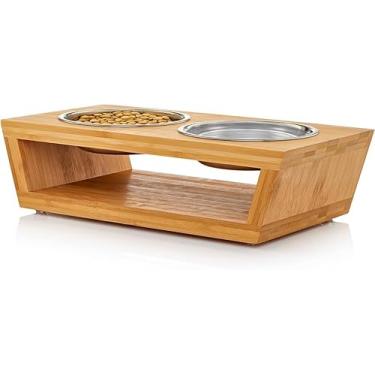 Imagem de Tigelas elevadas de 10 cm de altura para cães e gatos pequenos Conjunto de tigela de comida e água elevada para cães e gatos da Pawfect Pets (Bambu)