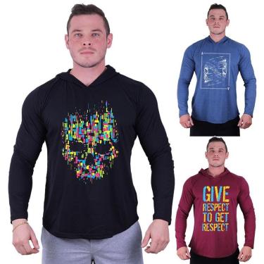 Imagem de Kit 3 Camisetas Manga Longa com Touca Longline Estampada Treino Academia Lazer Casual-Masculino
