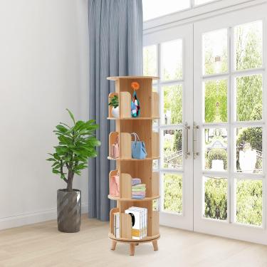 Imagem de Estante Giratória - Organizador De Estante De Canto De Madeira Independente Para Quarto, Sala De Estar, Escritório Ou Escritório, 6-Tier