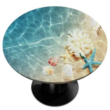 Imagem de OHIKUETY Toalha de mesa redonda oceano coral estrela do mar com elástico – toalha de mesa redonda de plástico de vinil, capa de mesa à prova d'água para uso ao ar livre, para pátio, serve de 101 a 114