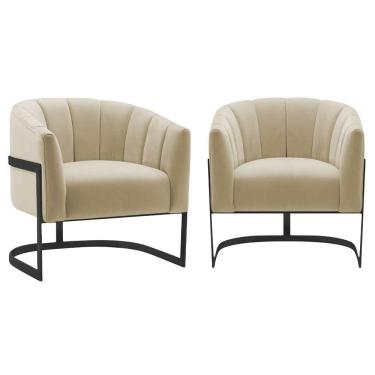 Imagem de Kit 2 Poltronas Decorativas Sala De Estar Recepção Mavie Base De Ferro Preto Suede Adj Decor Bege