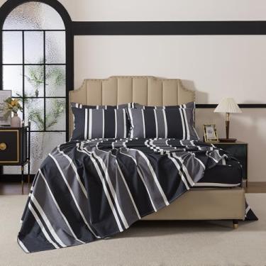 Imagem de FADFAY Jogo de cama Queen 100% algodão escovado – ultramacio, quente e aconchegante, preto e cinza listrado 4 peças roupa de cama para outono e inverno