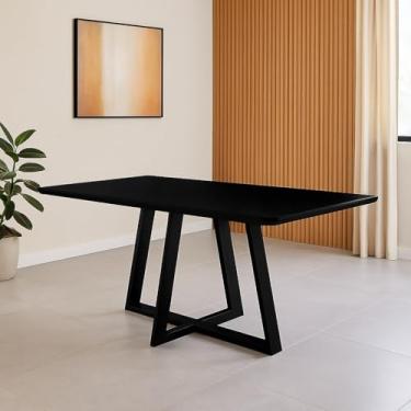 Imagem de Mesa de Jantar 160x90 Tampo Mdf/vidro para 6 Lugares Pés Madeira Maciça Pérola - Preto/preto