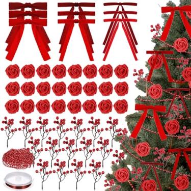 Imagem de LOYIM Conjunto de 78 peças de decoração de árvore de Natal de rosa vermelha inclui laços de veludo rosa falso, palitos de bagas, guirlanda de pérola, enfeites de veludo, laços de Natal para decoração