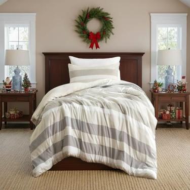 Imagem de Regency Heights Conjunto de edredom e fronha de solteiro listrado de 2 peças – Roupa de cama reversível de microfibra escovada macia para todas as estações, leve e respirável, lavável na máquina